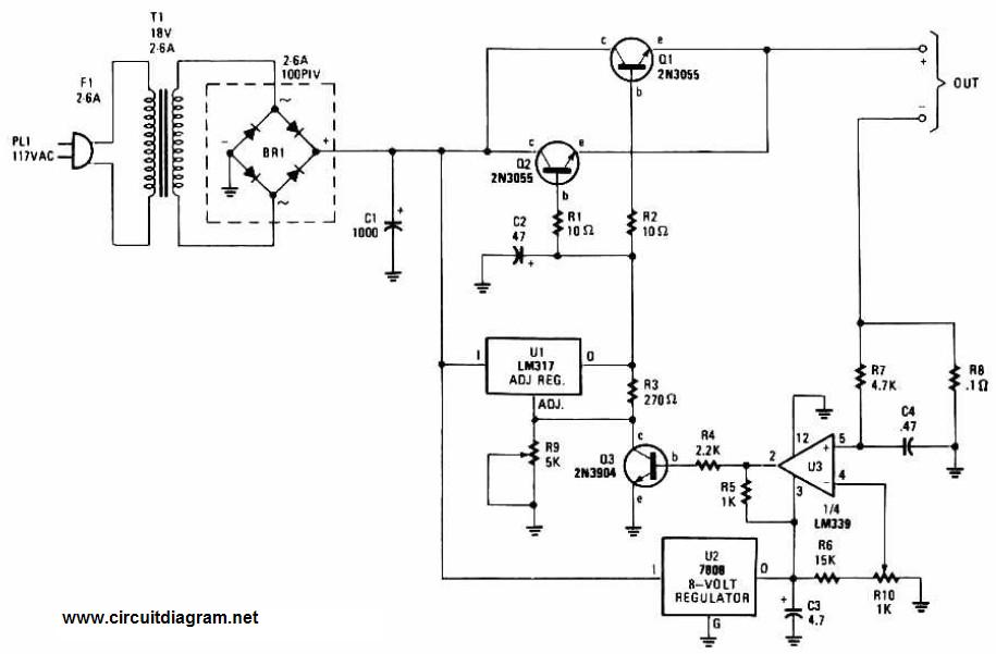 Adjustable Regulated Battery Charger - Circuit Scheme