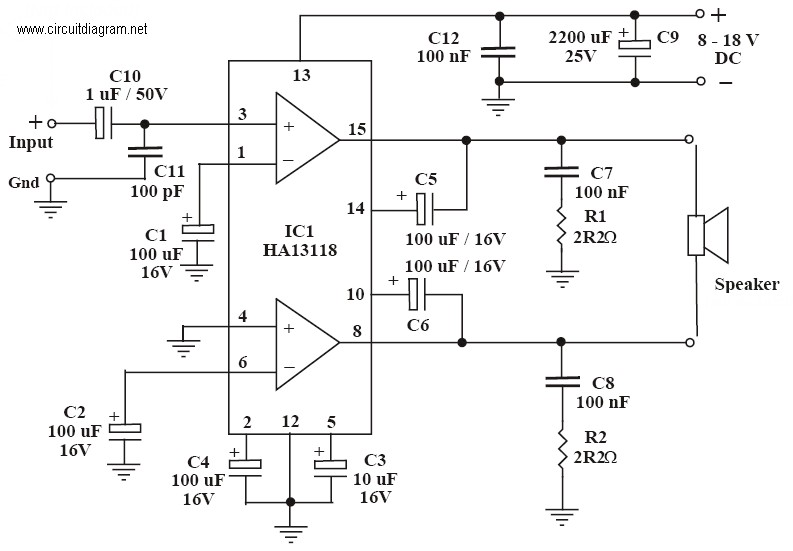18 Watt Audio Amplifier with HA13118 - Circuit Scheme