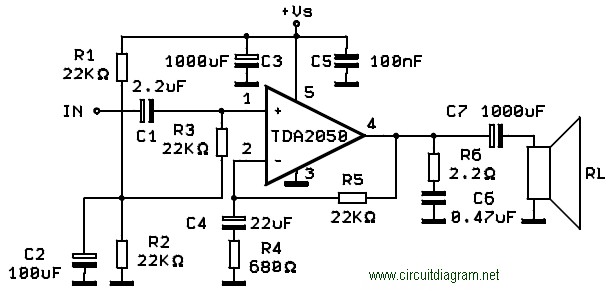 32W Hi-Fi Audio Amplifier With TDA2050 - Circuit Scheme