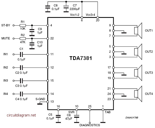 TDA7381 4 x 25W Quad Audio Amplifier - Circuit Scheme