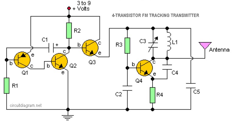 4 Transistor FM Tracking Transmitter - Circuit Scheme