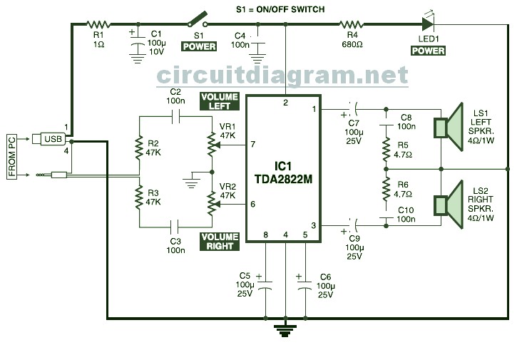 USB Powered, Stereo Computer Speaker - Circuit Scheme