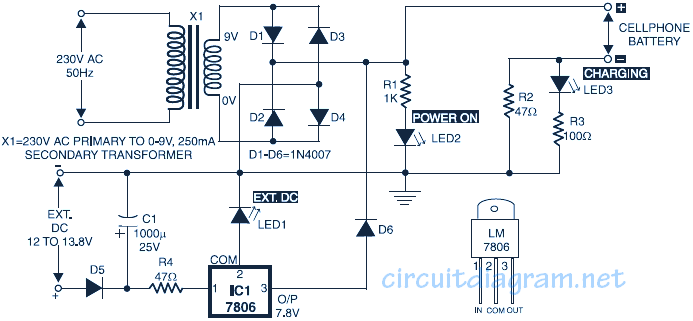 Simple Mobile Phone Battery Charger - Circuit Scheme