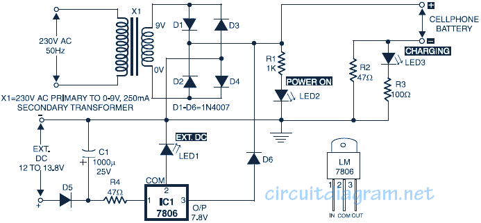 Simple Mobile Phone Battery Charger - Circuit Scheme telephone circuits diagrams 