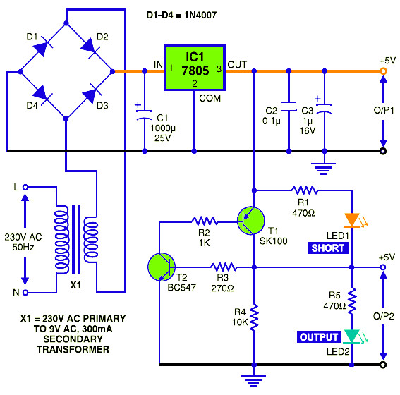 5V DC Regulated Power Supply with Short Circuit Protection ... guitar effects wiring diagrams 