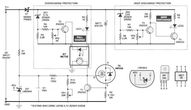 Battery Charger With Overcharge Protection - Circuit Schematic