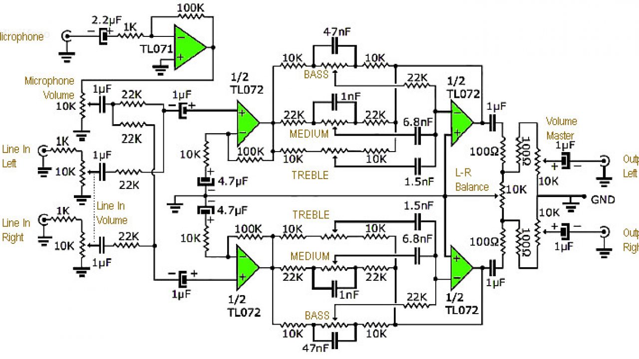 Audio Mixer Circuit Diagram With Pcb Layout - 4 Channel 2 Band