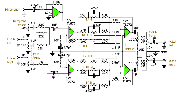 Stereo Tone Control with Line In + Microphone Mixer Schematic & PCB Layout